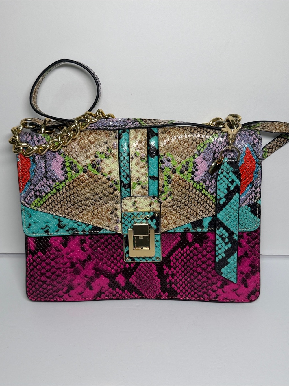 ALDO Multicolor Snake Print Chain Flap Shoulder Bag Purse